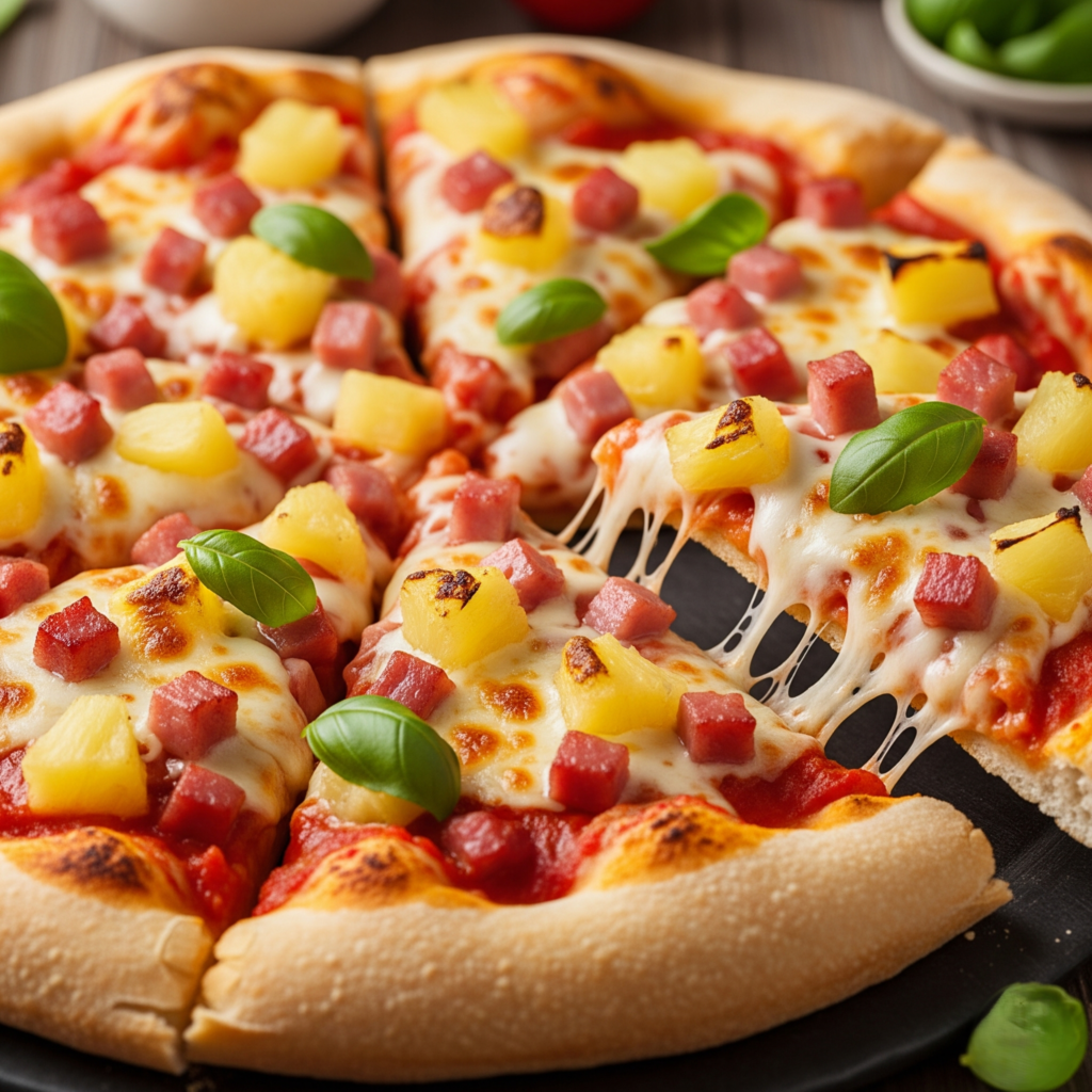 A Hawaiian pizza with pineapple and ham.