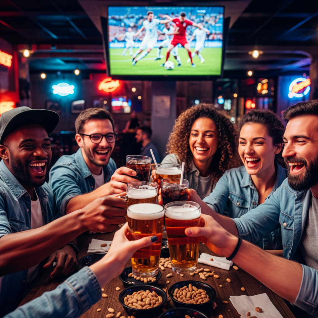 group of fans clinking glasses or cheering together inside The Post Pub 