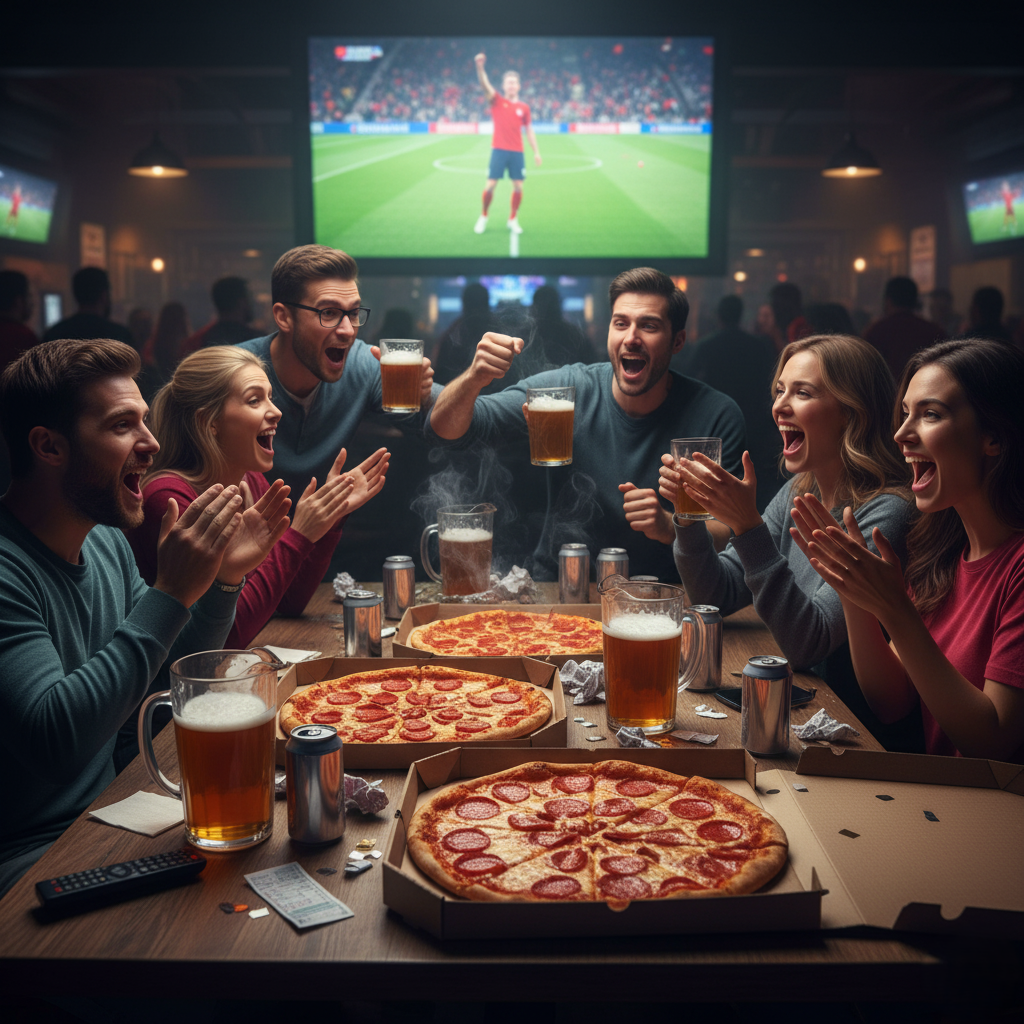 Friends cheering at a table with pizza and beer during a sports game.