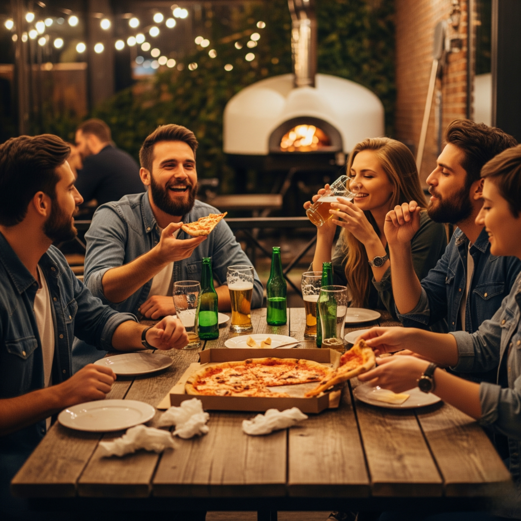 enjoying pizza and beer at a table