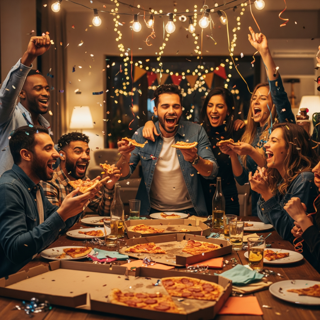 friends cheering and enjoying pizza at a party