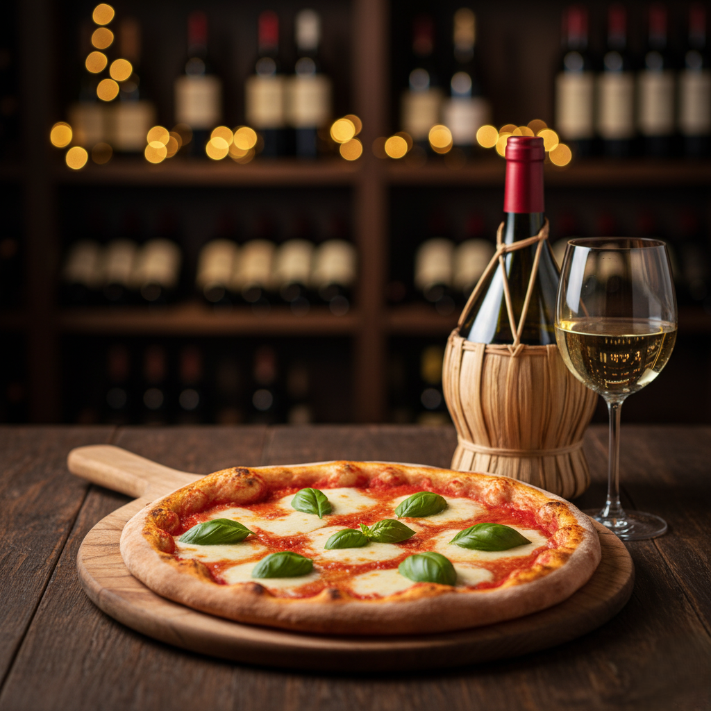 A Margherita pizza with basil leaves next to a bottle of Chianti and a glass of Pinot Grigio.