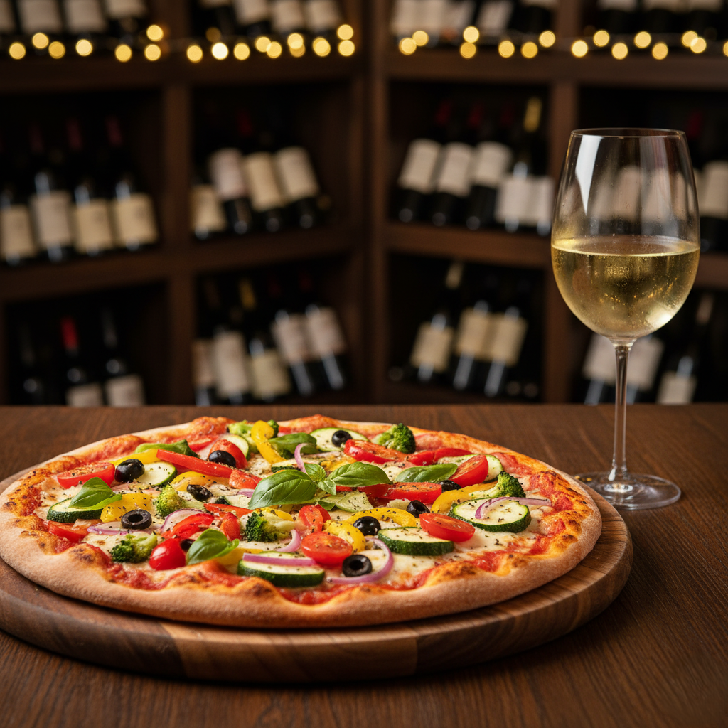 A colorful veggie pizza with a glass of chilled Sauvignon Blanc next to it.