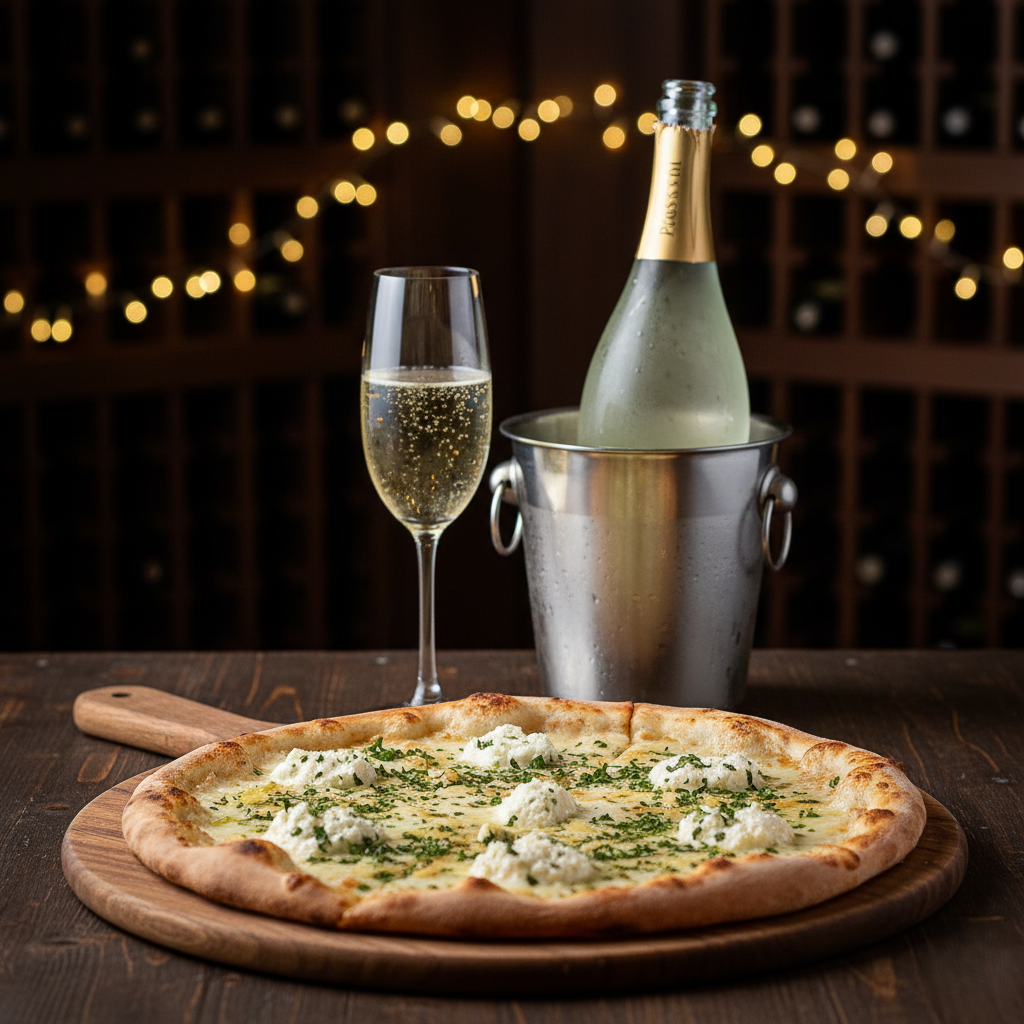 A creamy white pizza topped with ricotta and herbs next to a bottle of Prosecco.