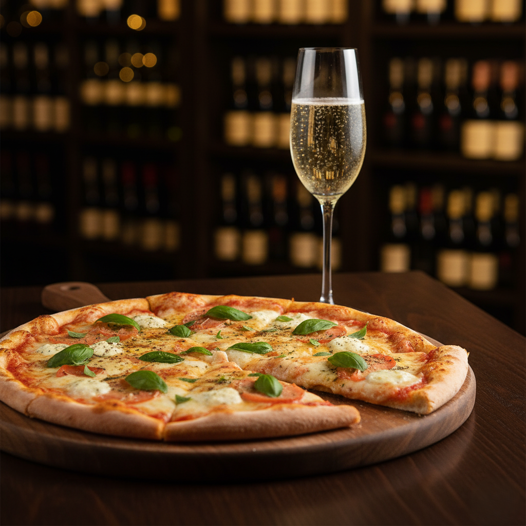 A four cheese pizza topped with herbs, paired with a glass of sparkling Champagne.