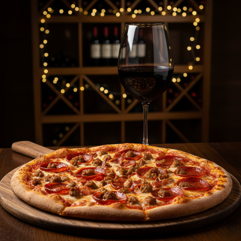 A hearty meat lover’s pizza with a bold glass of Cabernet Sauvignon.