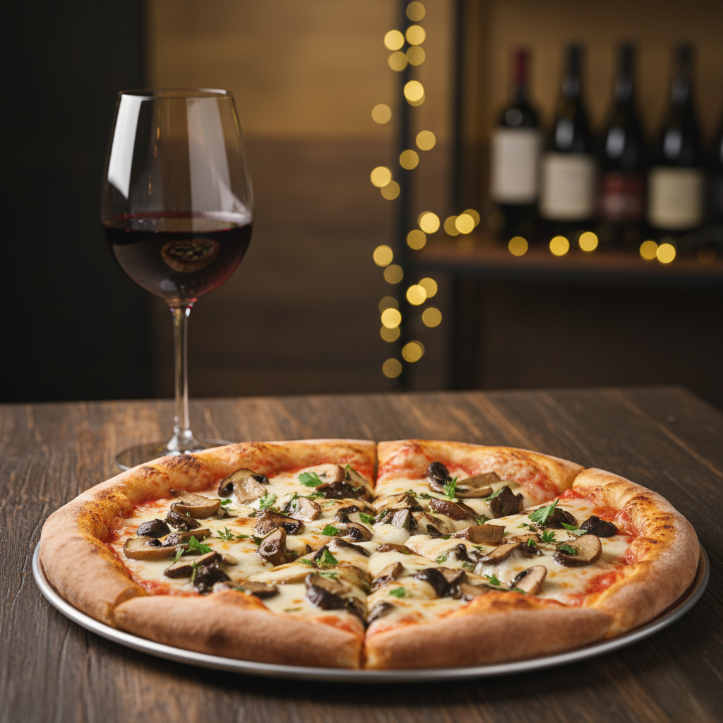 A mushroom pizza with a half filled glass of Pinot Noir on a dark wooden table.