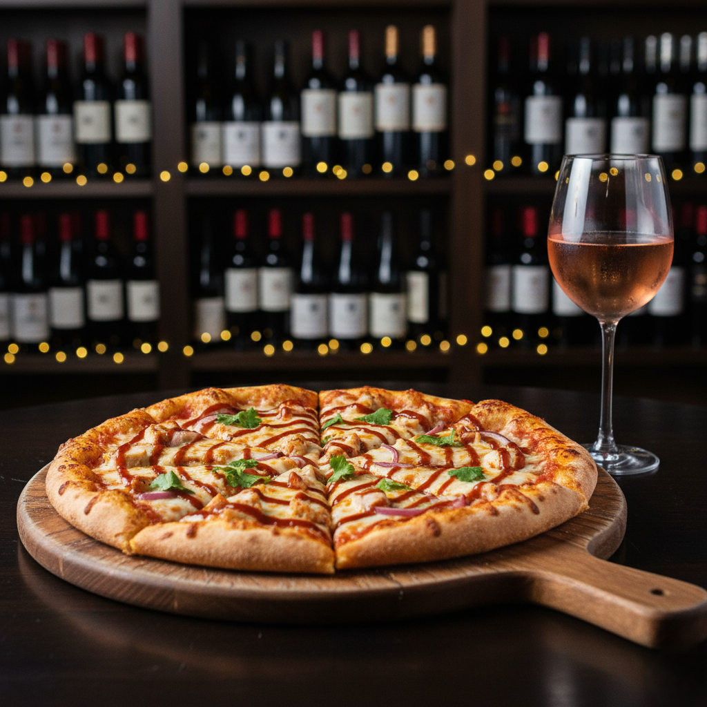 BBQ chicken pizza on a cutting board with a chilled rosé beside it.