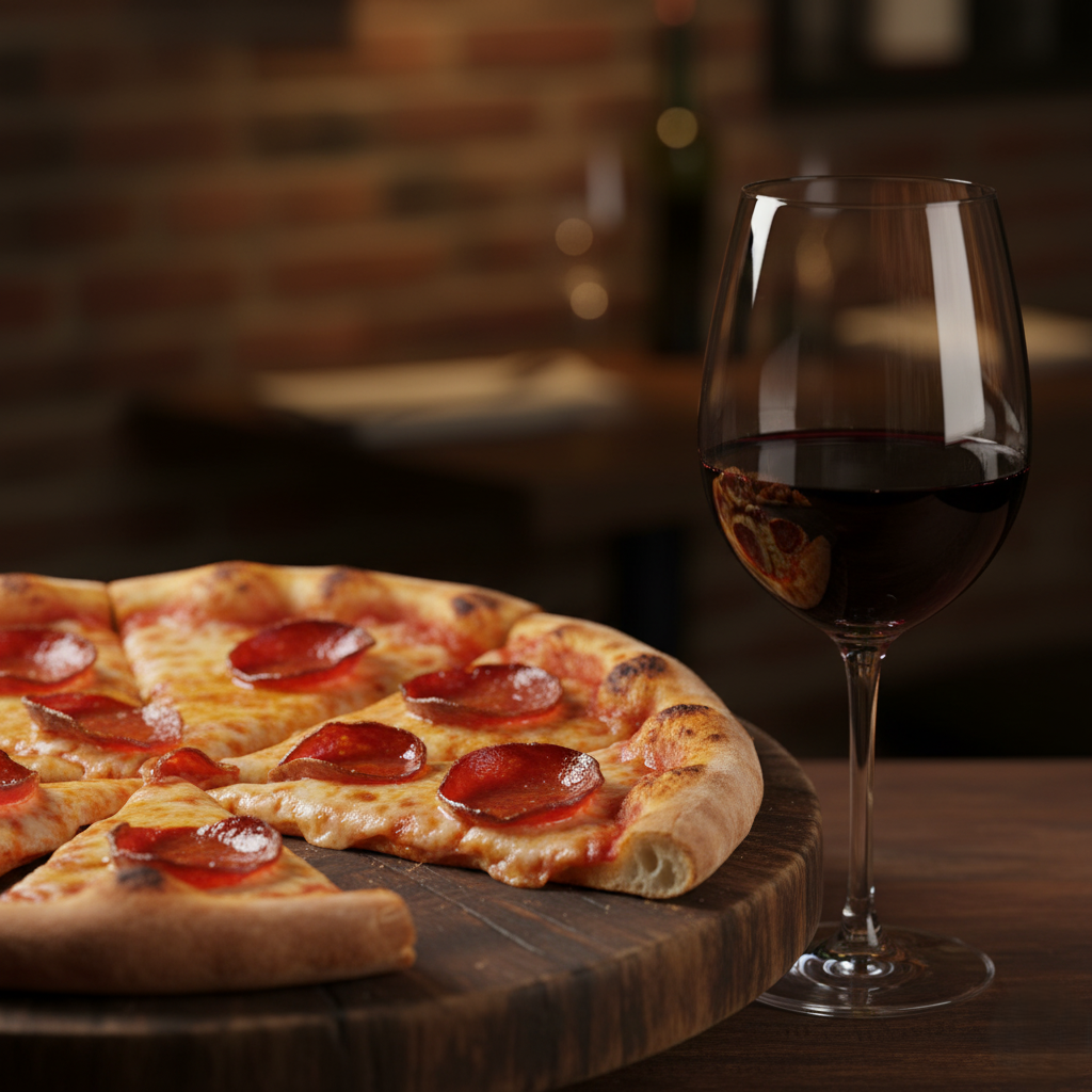 Pepperoni pizza slices on a platter with a glass of red Syrah wine beside it.