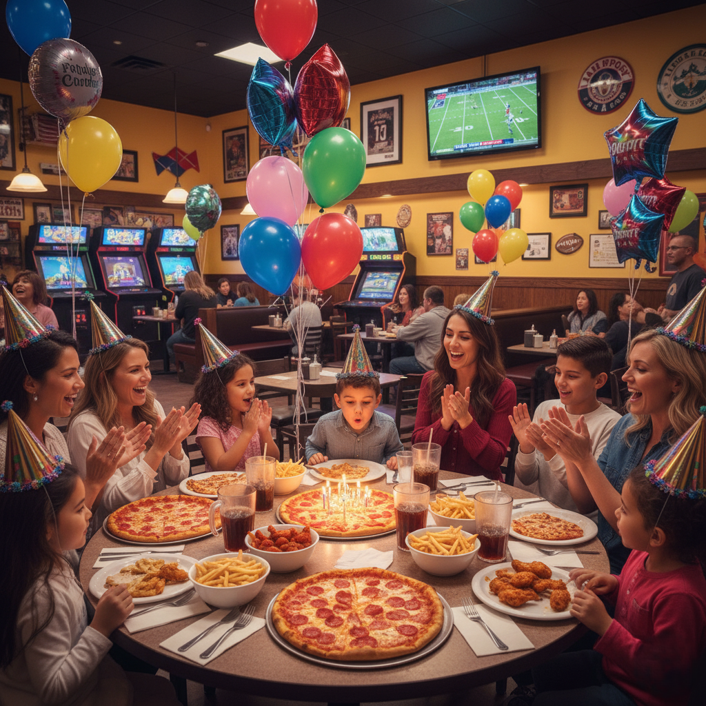 families celebrating a birthday with pizza and balloons inside Lamppost Pizza.