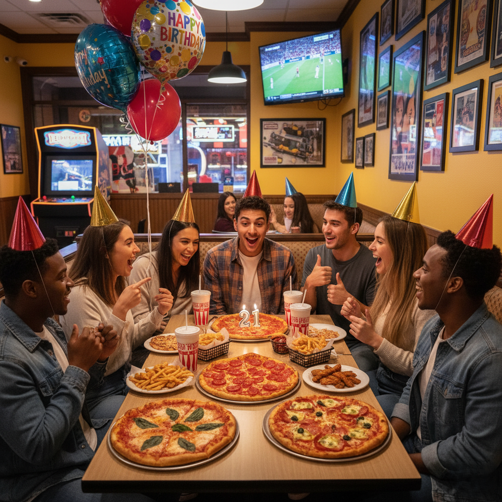 group of friends enjoying a birthday meal at Lamppost Pizza with decorations and pizza platters.