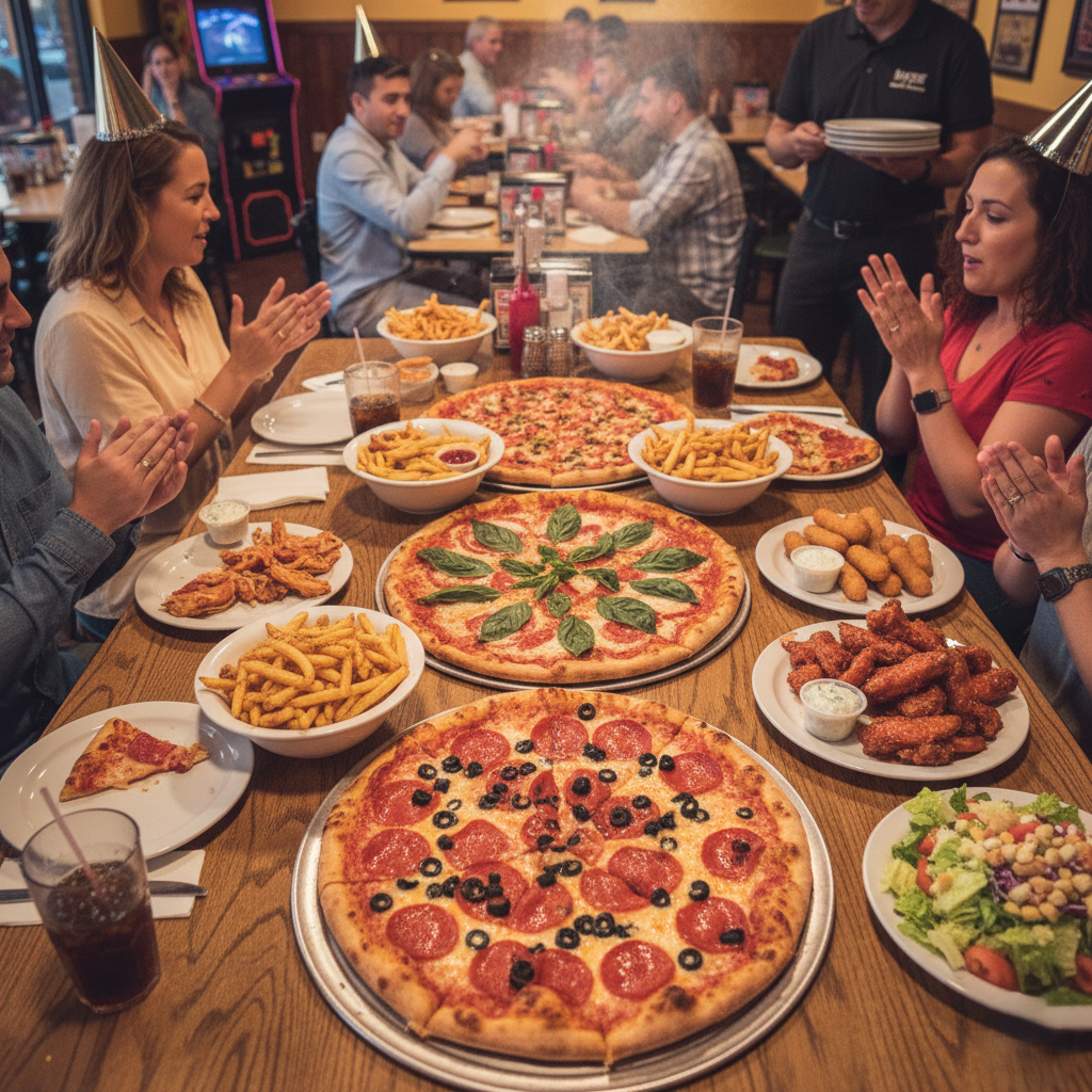 variety of Lamppost pizzas and appetizers on a party table.
