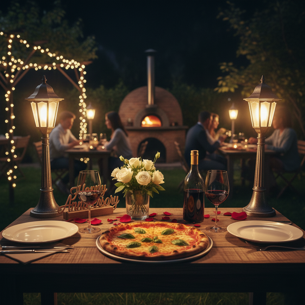 Anniversary dinner setup with pizza, wine, and lamppost lighting.