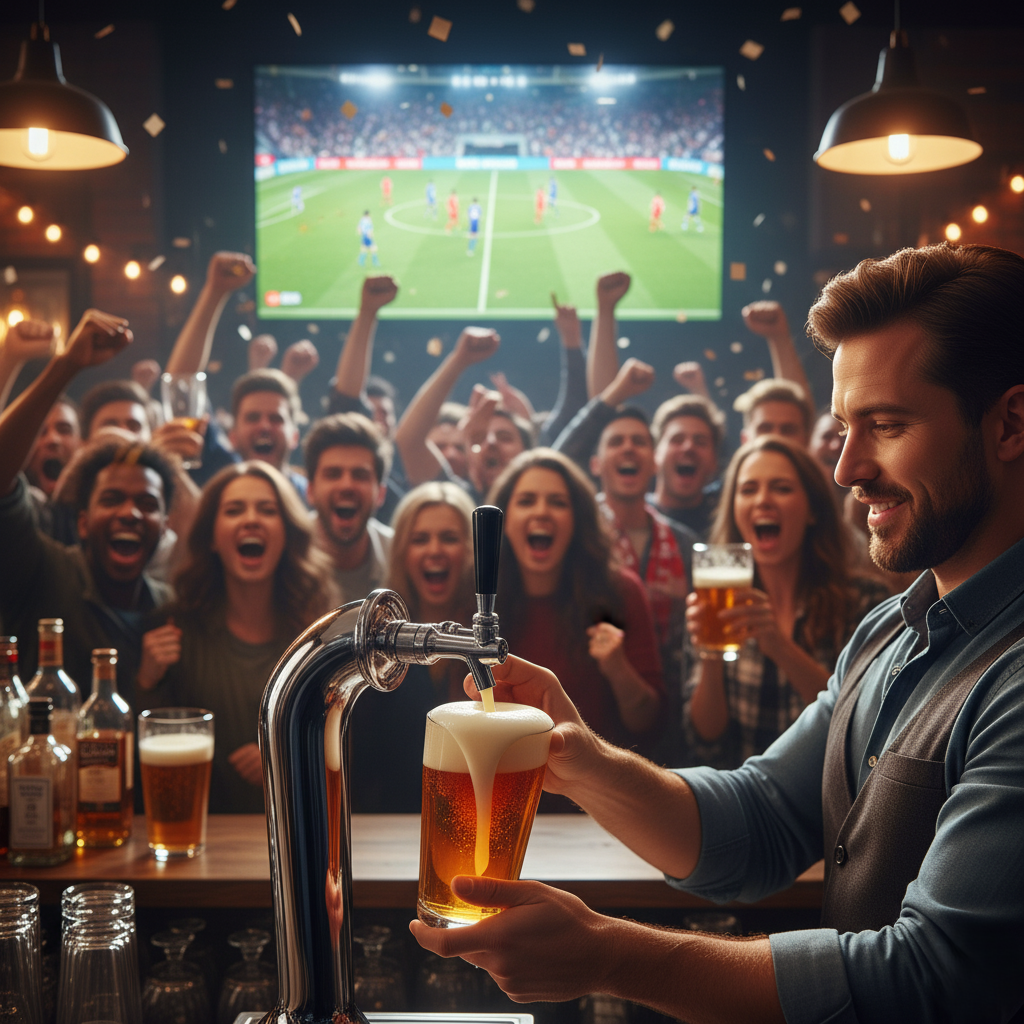 Bartender pouring beer with a background of fans cheering at the screen.
