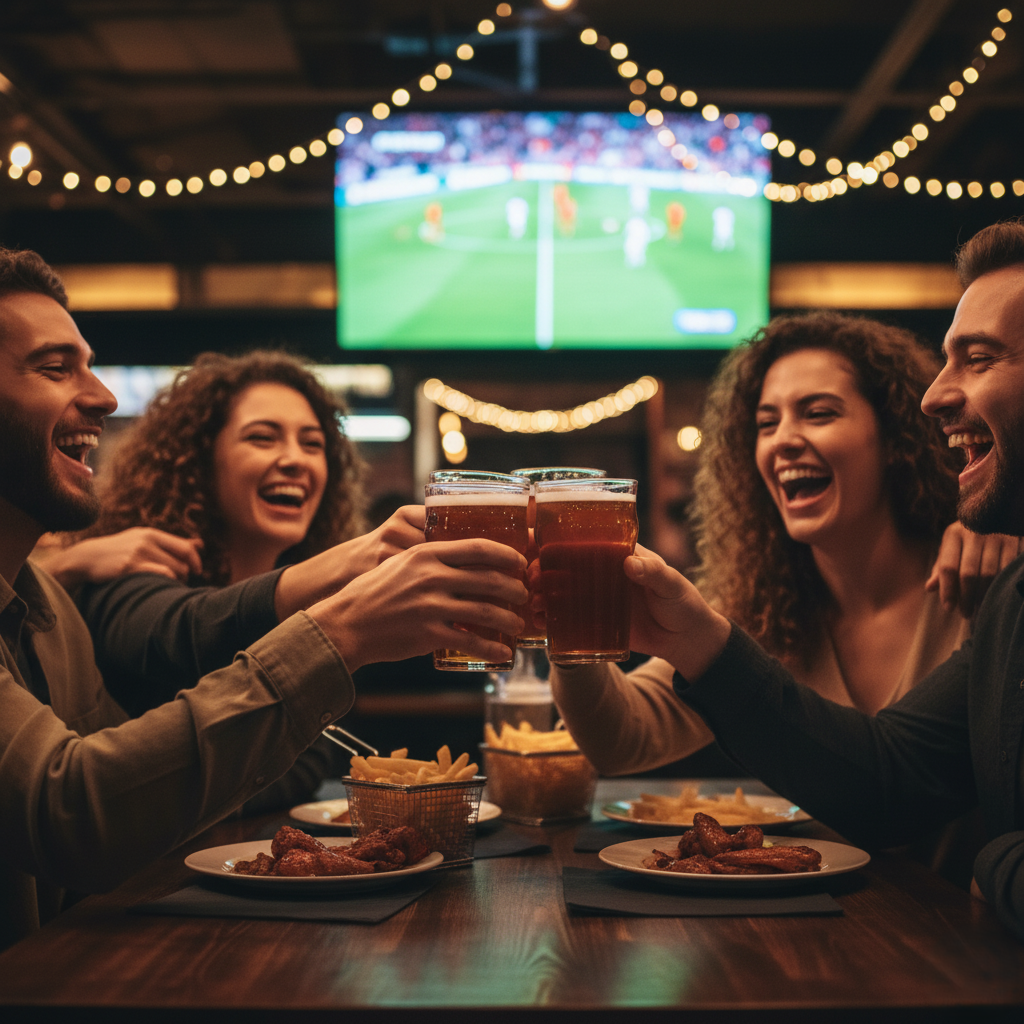 Group of friends laughing and clinking glasses while watching a sports event.
