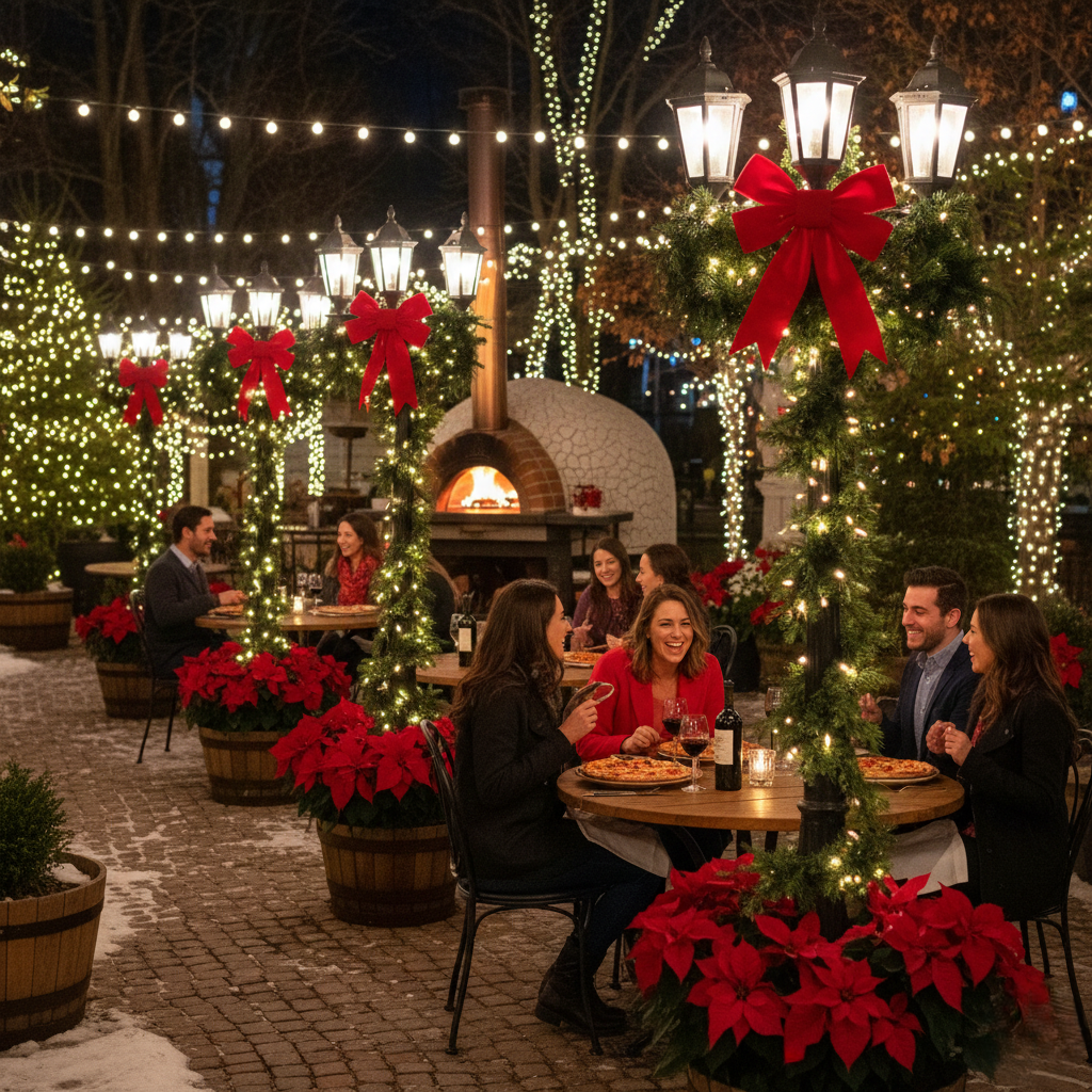 Seasonal lamppost decorated with garlands next to outdoor pizza dining tables.
