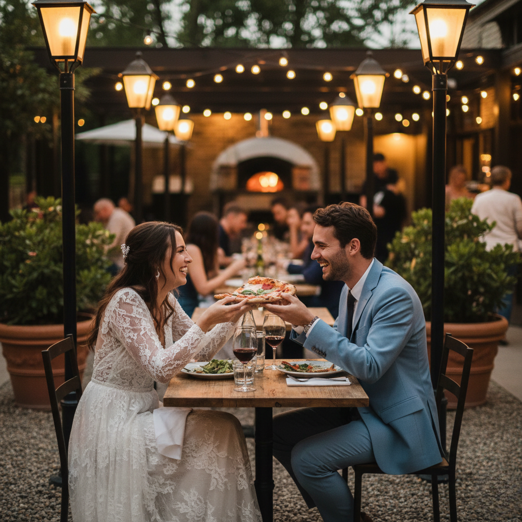 Wedding couple dining under glowing lampposts at an outdoor pizza restaurant.