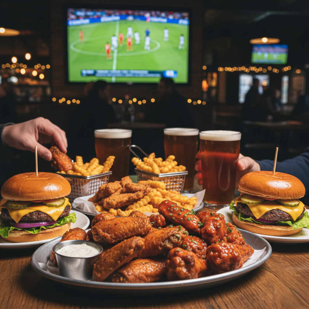 table with wings, burgers, and pints of beer during a game.