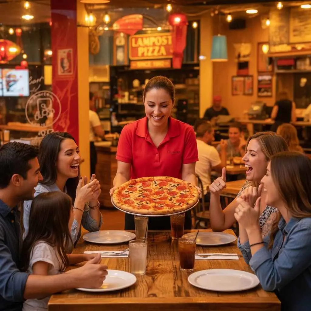 staff serving pizza to happy customers