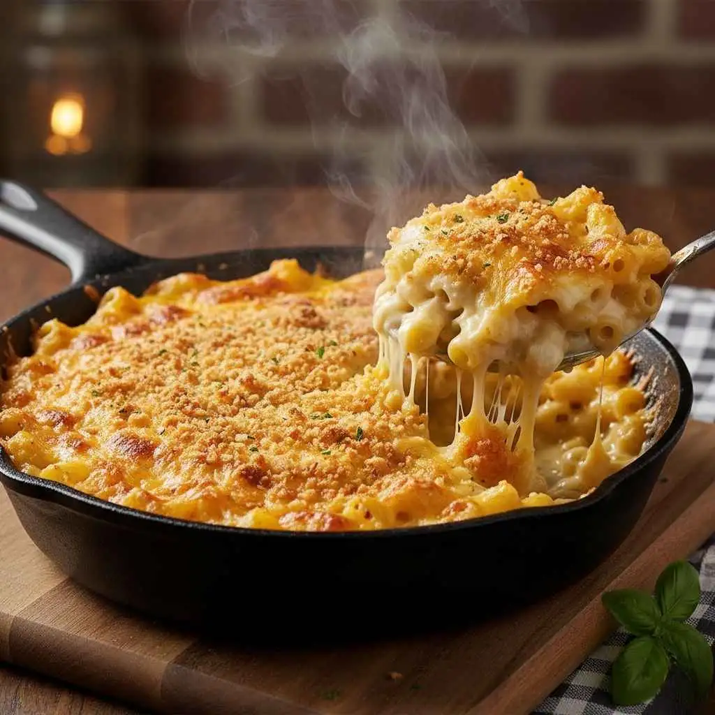 Cheesy baked pasta fresh from the oven