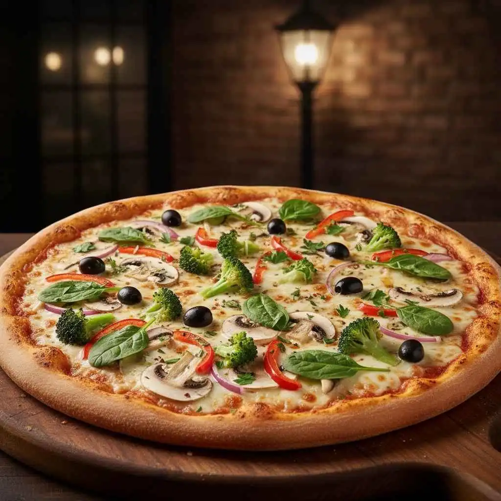 Creamy garlic veggie pizza topped with fresh vegetables