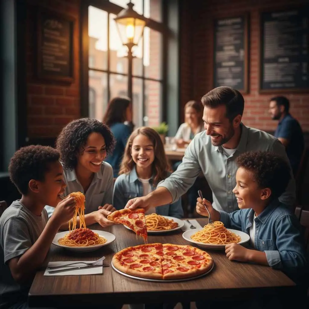 Family enjoying pasta and pizza together