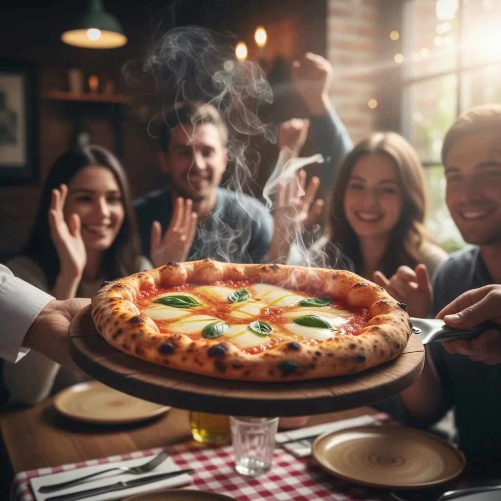 fresh pizza being served