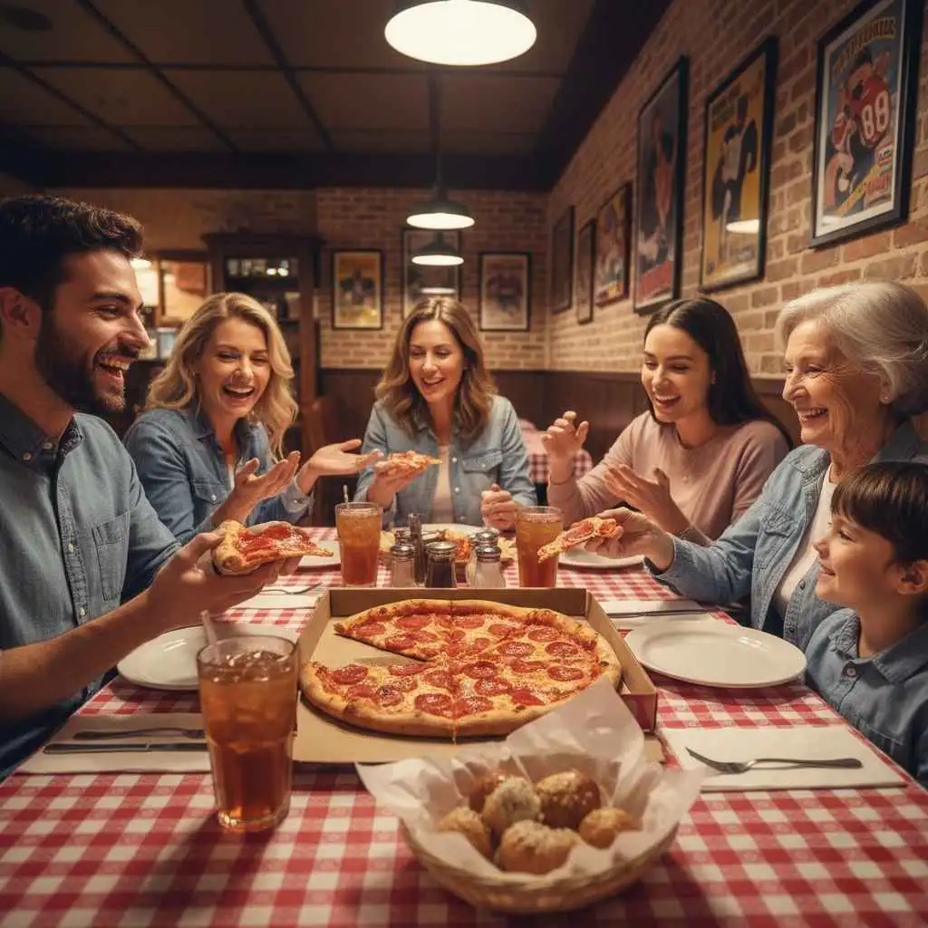 mixed-age customers enjoying pizza together