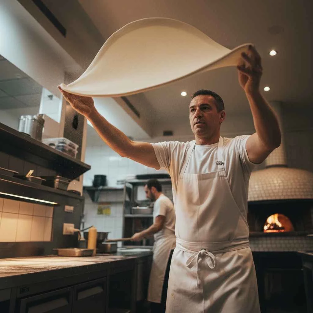 pizza chef stretching dough in kitchen