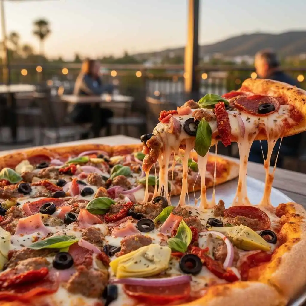 pizza slice showing multiple toppings