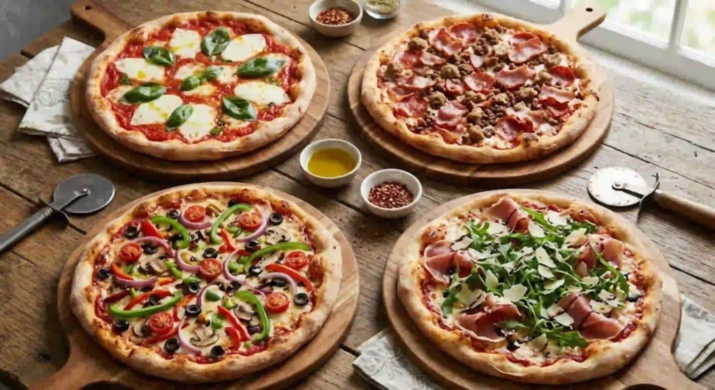 assorted pizzas with different toppings