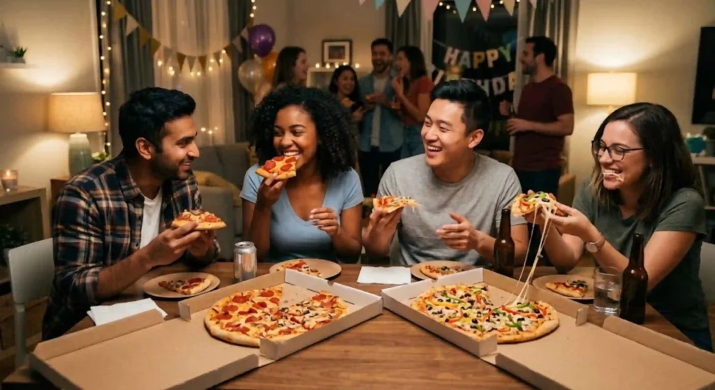 happy group enjoying pizza at a party