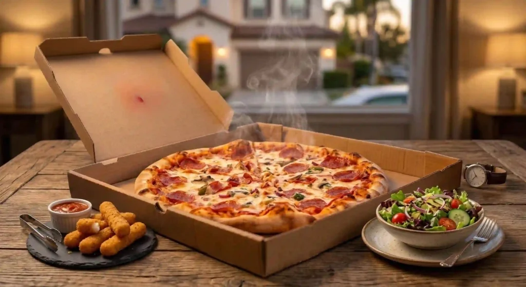 pizza box open on a table with sides and salad — ready to eat