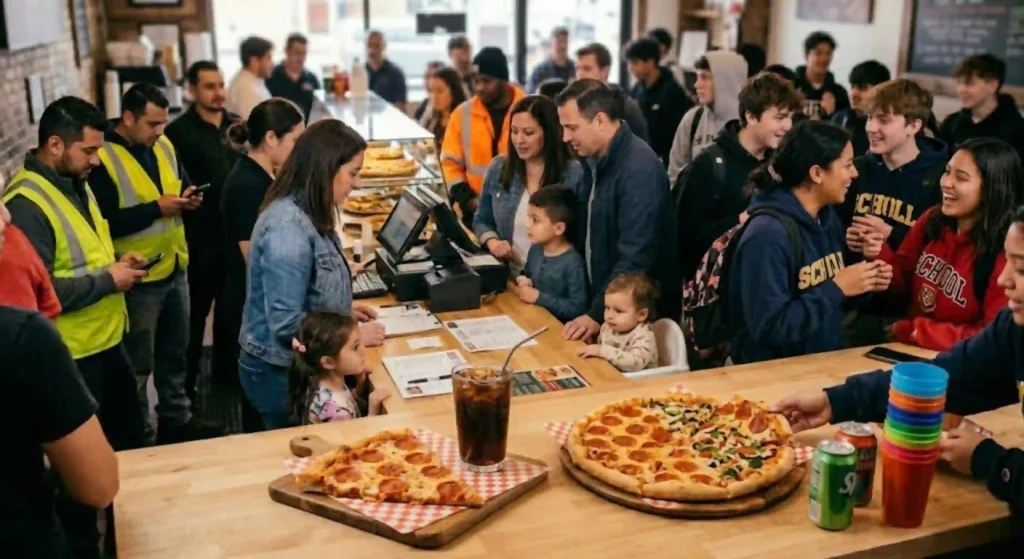 busy lunch crowd at pizza shop