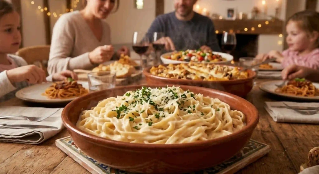 creamy Alfredo pasta served hot with garnish