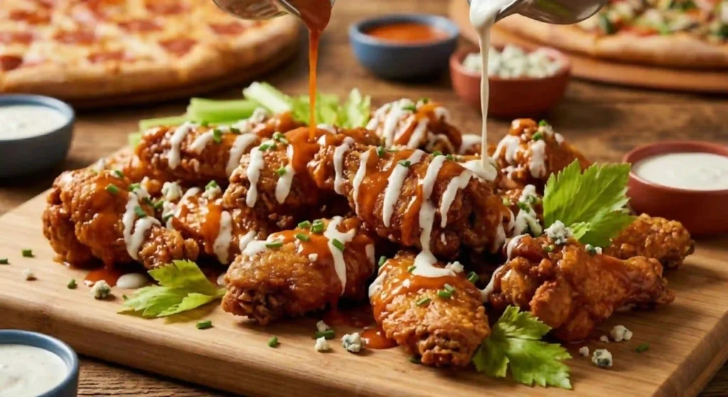 crispy chicken wings with sauce drizzle