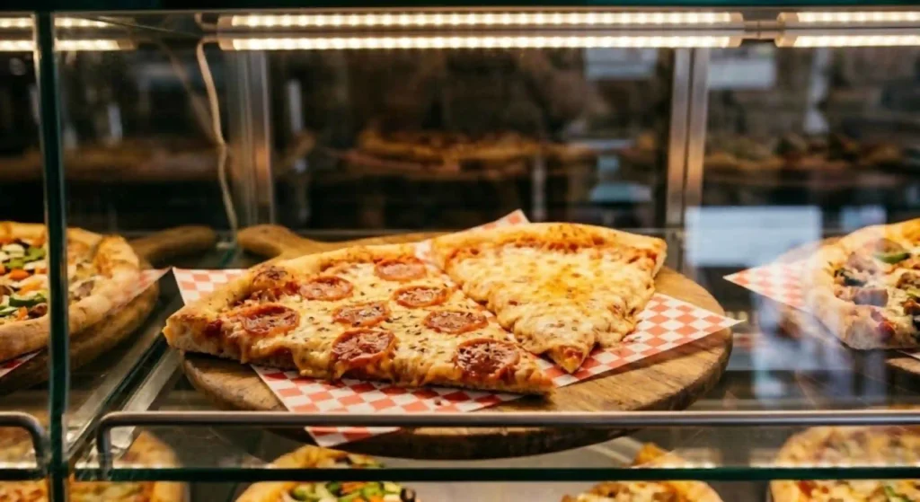 fresh pizza slices on display