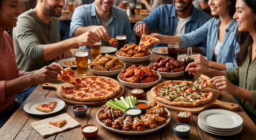 group sharing pizza and wings