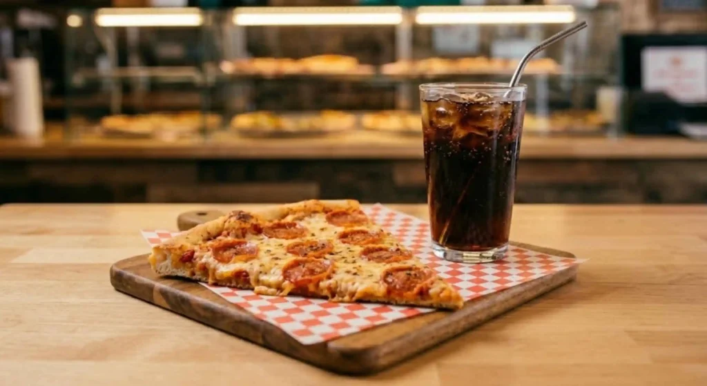pizza slice with cold soda combo