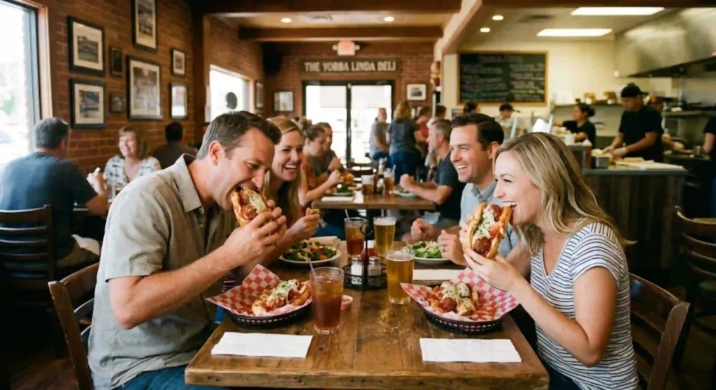 Customers enjoying hearty meatball subs in Yorba Linda restaurant