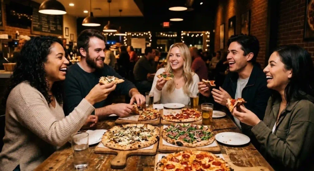 Friends enjoying late night pizza dining in Placentia California.