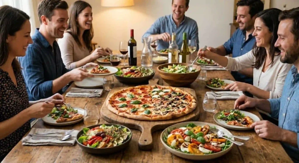 group meal with pizza and multiple salads