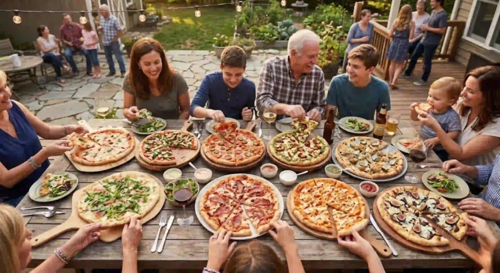 Assorted specialty pizzas served at a family gathering